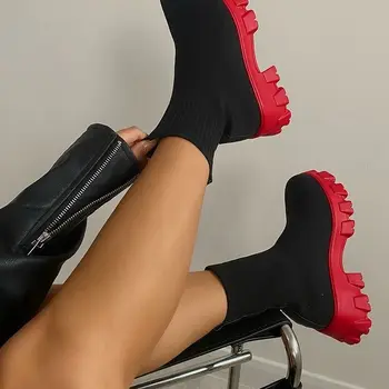2021 Sonbahar Kış Yeni Çift Çorap Ayakkabı Kadın Kalın tabanlı Rahat Net Kırmızı Örme kısa çizmeler botas De Mujer Büyük Boy