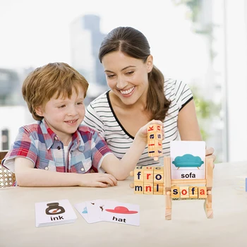 Montessori Fonetik Okuma Blokları Iplik Alfabe öğretici oyuncaklar Öğrenme Kelime Bellek Raf Dönen Mektup Bulmaca Sight Kelimeler
