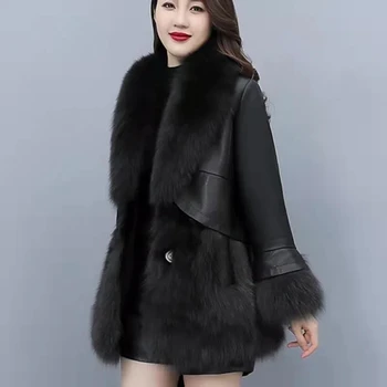 Taklit Kürk Ceket Kadınlar 2022 Kış Yeni PU Deri Ekleme Taklit Tilki Kürk Ceket Kadın Büyük Boy Kürk Yaka Kalın Giyim